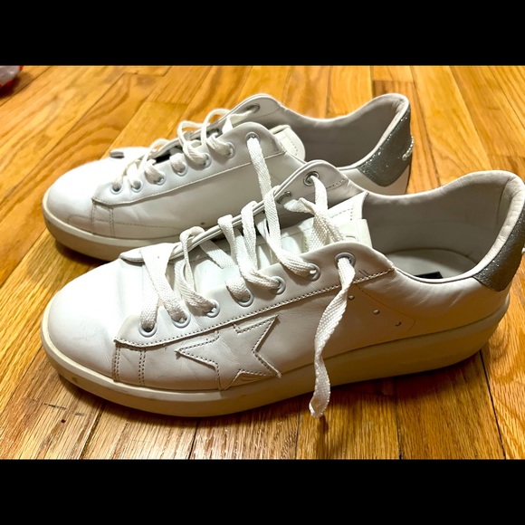 Golden Goose Shoes - Purestar sneakers in white leather with silver glitter heel tab 41